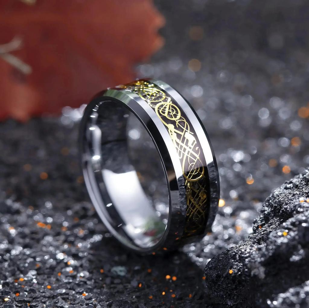 Fashion 8mm Men Copper Color Stainless Steel Celtic Dragon Rings Black Carbon Fiber Rings For Men Wedding Band Jewelry