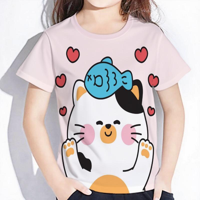 New Summer Girls Clothes Cartoon Cute Cat Graphic T Shirt Short Sleeve Tops for Girls 4 to 6 Years Casual Children's Clothing