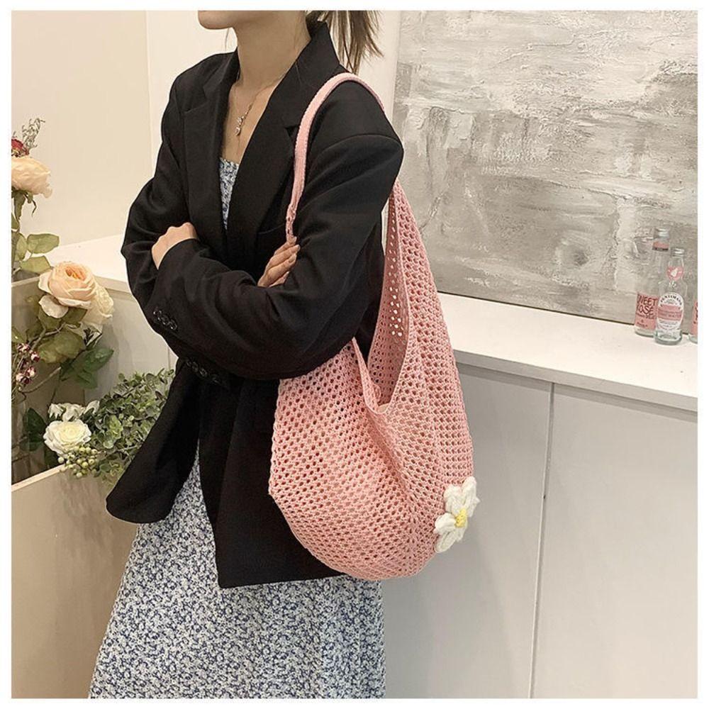 Casual Handmade Crochet Underarm Bag Hollow Out Large Capacity Mesh Tote Knitting Weaving Beach Bag for Shopping