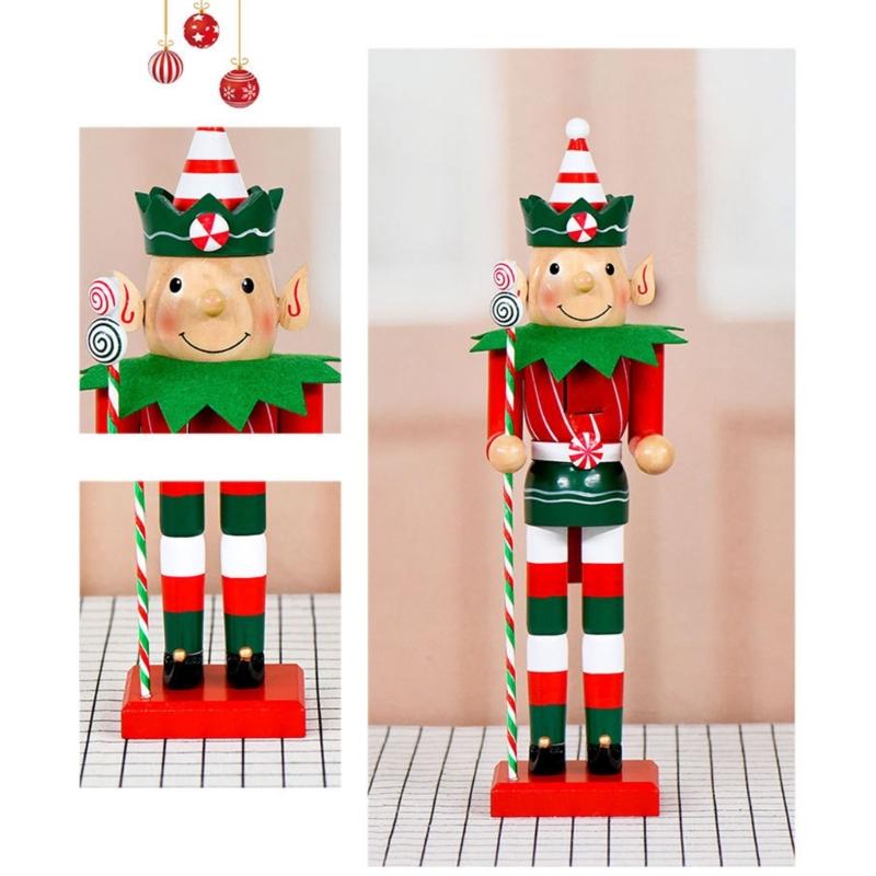 Creative Wooden Elf Nutcrackers Statue with Candy Canes Christmas Seasonal Display with Intricate Engraving Designs