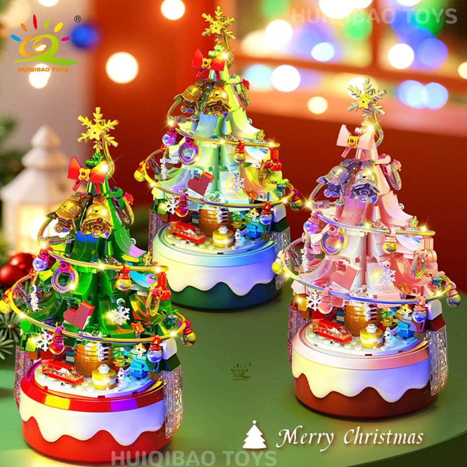 Children Mini Christmas Tree Santa Claus Music Box Model Micro Bricks Building Block DIY Bricks Toys for Adult Gift
