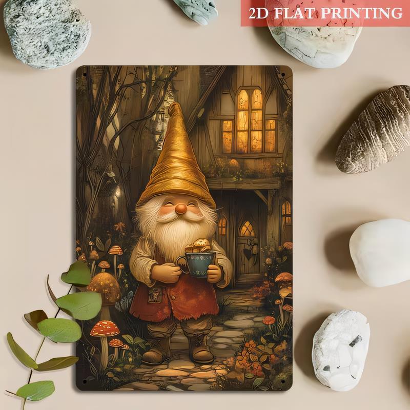 Tin Sign Printing Vintage Halloween Gnome Holding Mug In Autumn Forest Design Metal Sign for Home Bar Pub Garage Wall Decor Ret