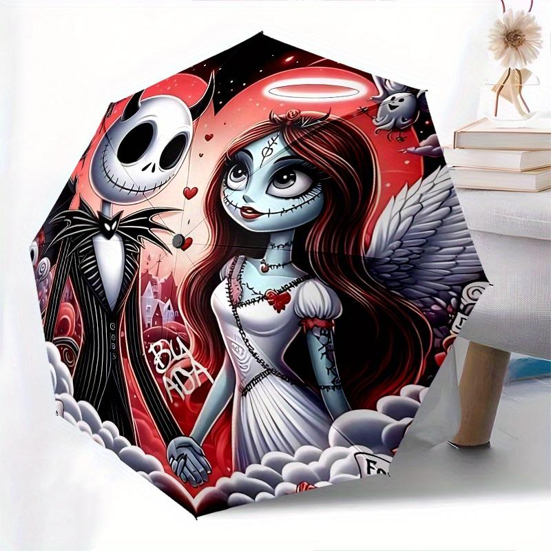 1 Automatischer Regenschirm mit 8 Speichen, Motiv Jack Skellington und Sally, Bunt, Tragbar, für Damen und Herren, Ein Kompakter Begleiter für den Weg zur Arbeit, Geeignet für Da