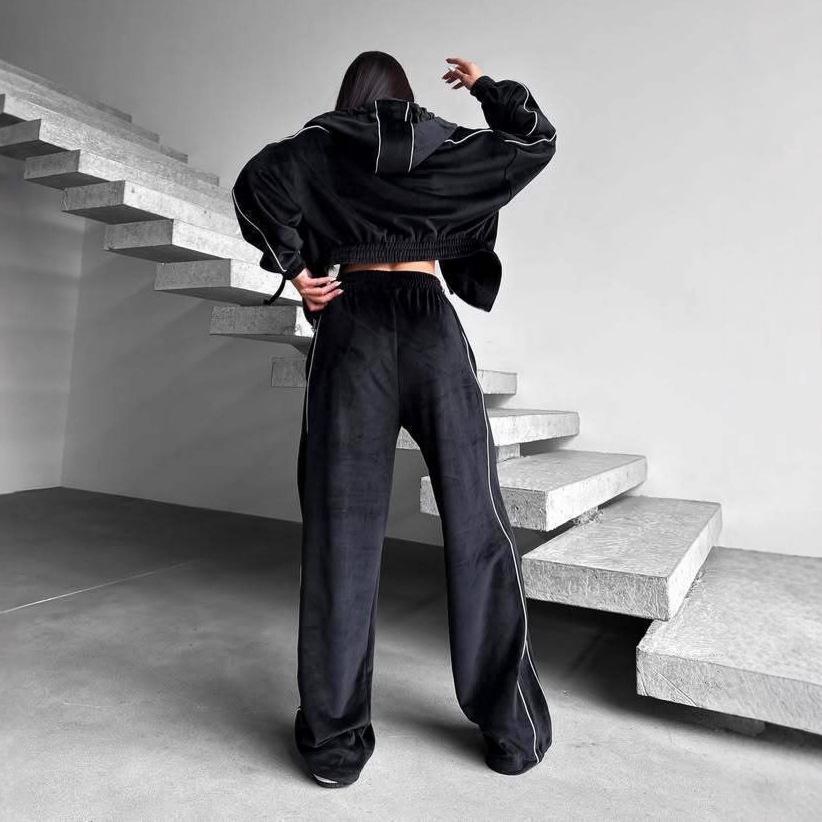 Velvet Stripe Hoodie Cardigan & Wide Leg Pants Two-Piece Set for Women