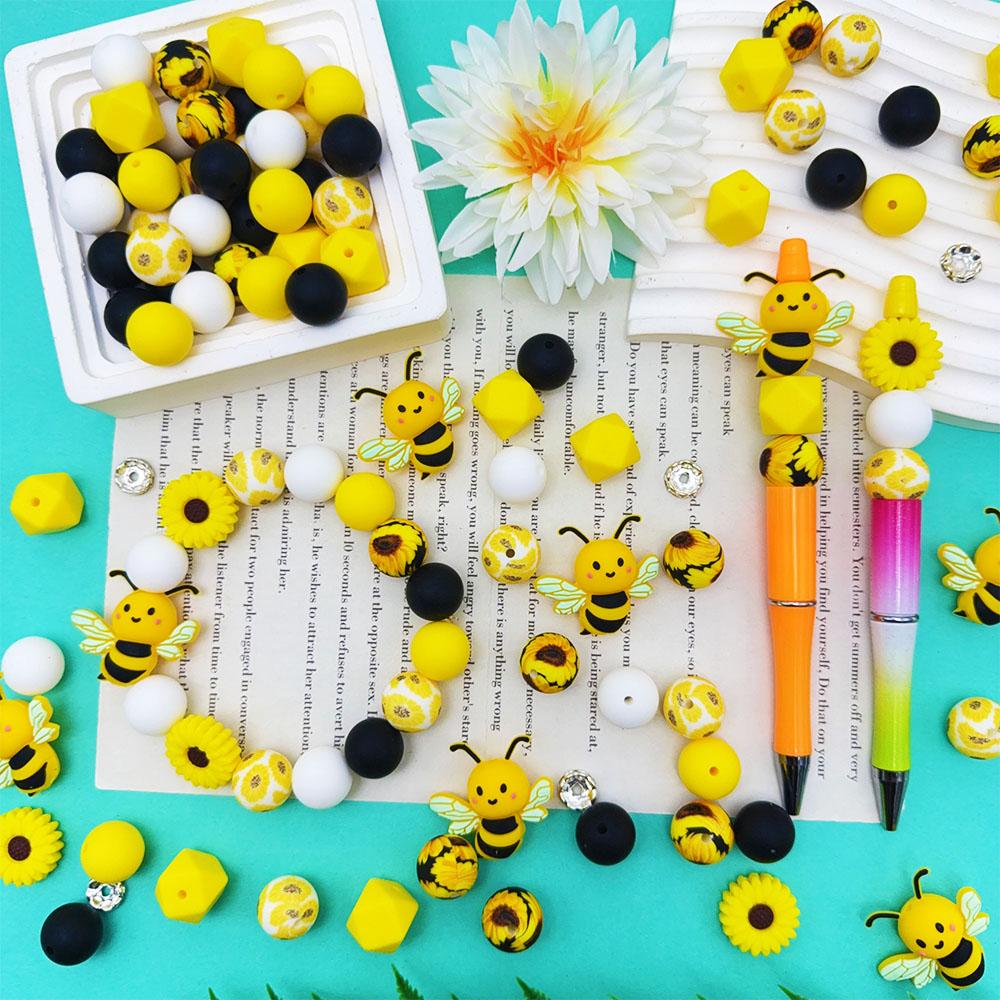 54PCS Bee Daisy Silicone Bead Set, perfect for DIY handmade crafts such as keychains, necklaces, bracelets, etc