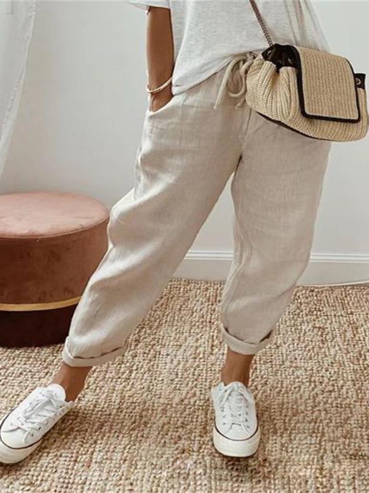 

Женские повседневные брюки из хлопка и льна с карманами, повседневные брюки со свободной талией для женщин M хаки