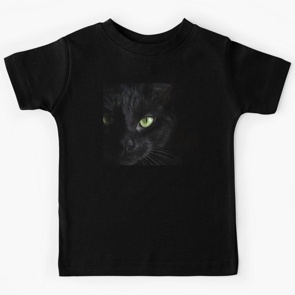Green Eyed Black Spooky Cat Kids T-Shirt 160