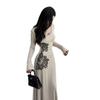 2026 Elegant Chinese-Style Patchwork Lace V-Neck Dress with Coat, Waist-Cinched, Slim-Fit, Autumn/Winter Collection.