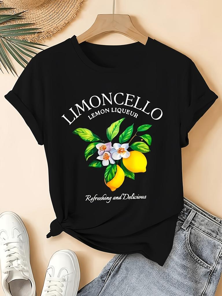Fruit Letter Short Sleeve Lemon English Letter Round Neck Casual Cute Summer T Shirt Fashion Commuting Vacation Daily Versatile Retro Style Top Multip