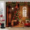 Christmas Theme Shower Curtain Winter Snow Christmas Tree Deer Rustic Wooden Panel Fabric Washable Shower Curtain Bathroom Decor
