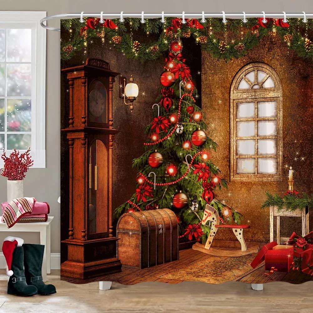 Christmas Theme Shower Curtain Winter Snow Christmas Tree Deer Rustic Wooden Panel Fabric Washable Shower Curtain Bathroom Decor