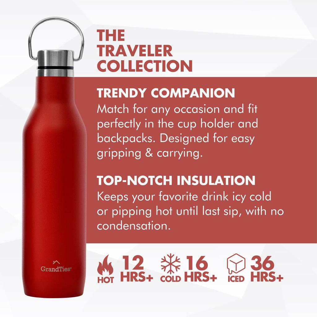 GRANDTIES Traveler Bottle, 620ml, Available in 6 Colors (Cranberry) with 2 Lids, Stainless Steel Bottle, Double-Layer Vacuum Insulation, Keeps Drinks