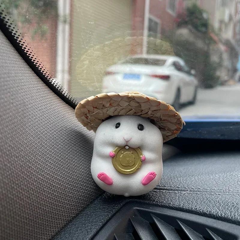 New Cute Eating Straw Hat Hamster Car Accessories Car Toy Center Console Decoration Car Interior Decoration Pendant