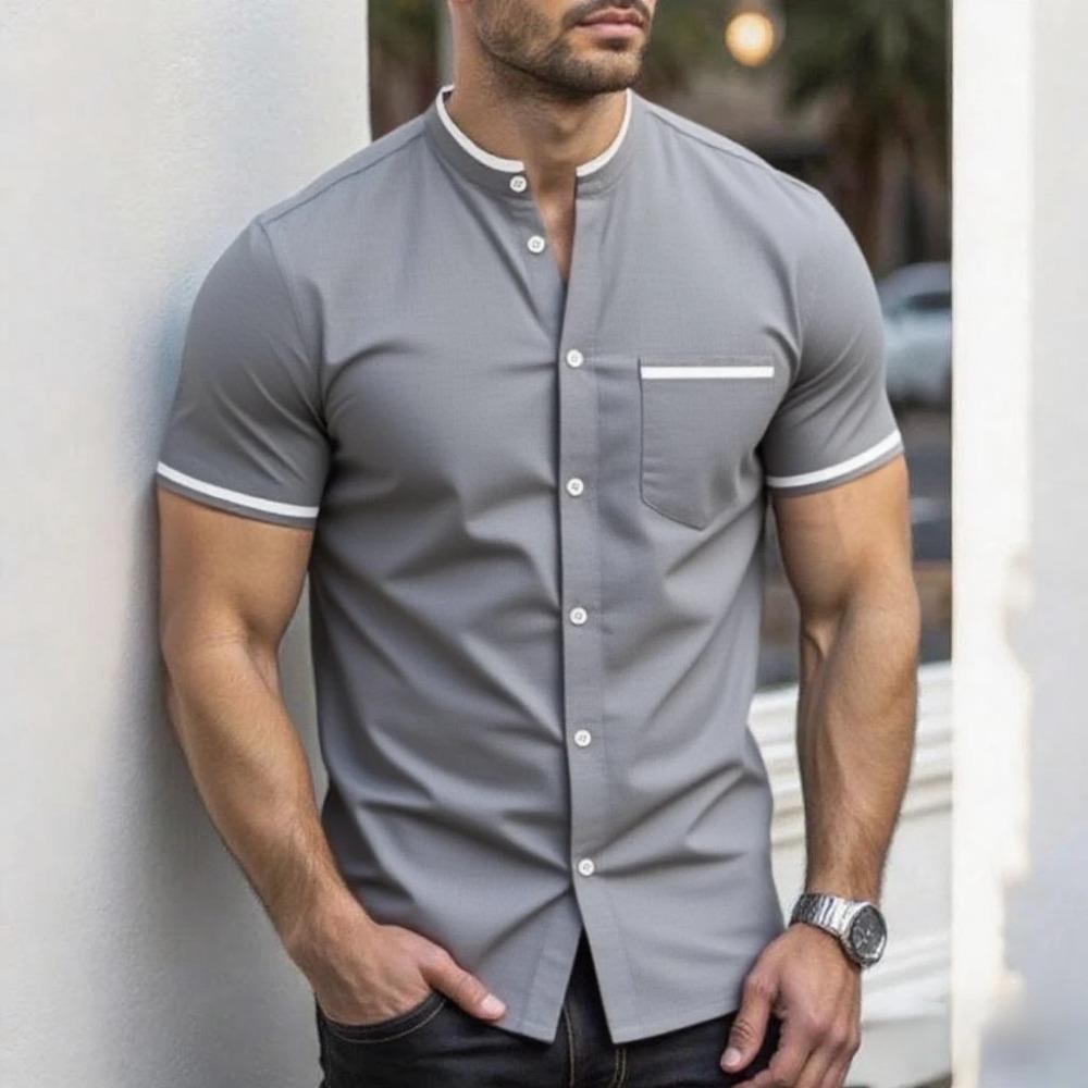 New Men Summer Short Sleeve Fashion Stand Collar Shirt Men Pure Color Casual Shirt
