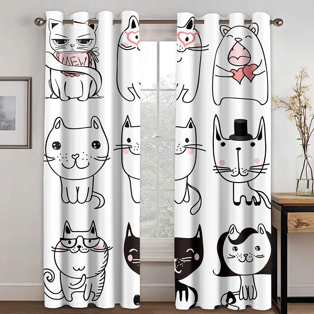 Cute Cartoon Cat Kawaii Window Curtains for Living Room Children and Kids Cartoon Mountains Forests Living Room Bedroom Decor