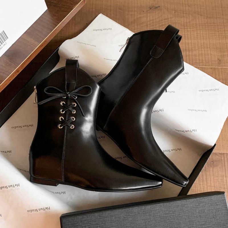 Fall New Inner Increase Single Heel Boots Women's Square Head Sleeve Rivet Butterfly Knot Comfortable Short Boots