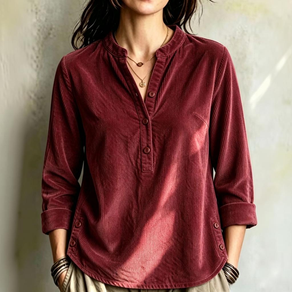 Chemise à Manches Longues Boutonnée Col en V en Velours Côtelé pour Femme, Style Décontracté
