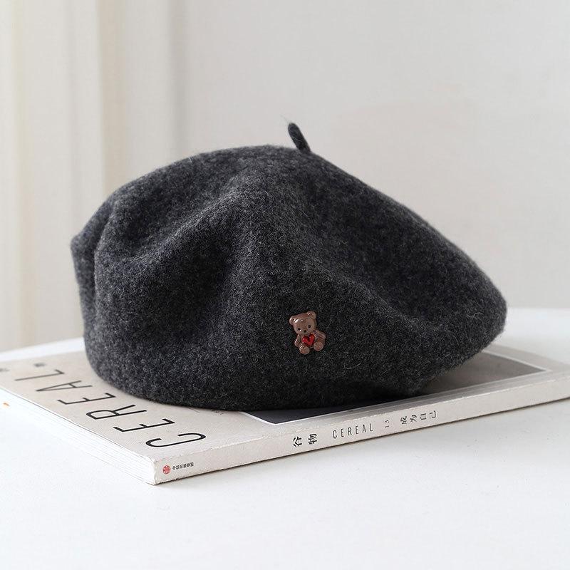 Winter Hats Woman Wool Beret Cartoon Bear Retro Painter Cap Women Octagonal Beanie