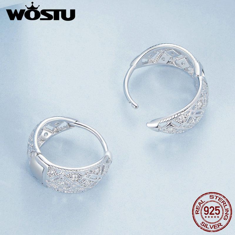 WOSTU 925 Sterling Silver Vintage Lace Hoop Earrings For Women Statement Jewelry Huge Hollow CZ Ear Buckles Wedding Party Gift