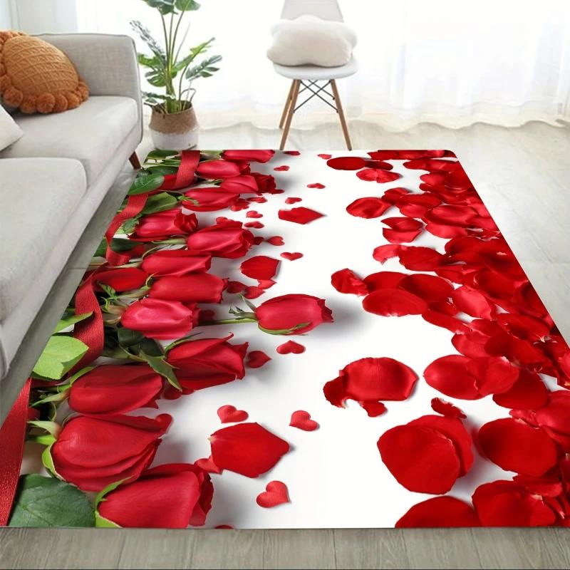 Golden Red Rose Print Home Decor Carpet Washable Floor Mat for Living Room Bedroom Kitchen Non Slip Sofa Coffee Table Area Rug
