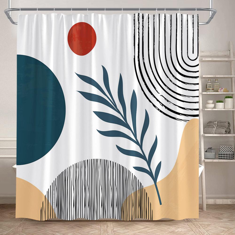 Abstract Mid Century Shower Curtains Green Leaf Modern Geometric Black Lines Aesthetic Art Bathroom Curtain Decor Set With Hooks