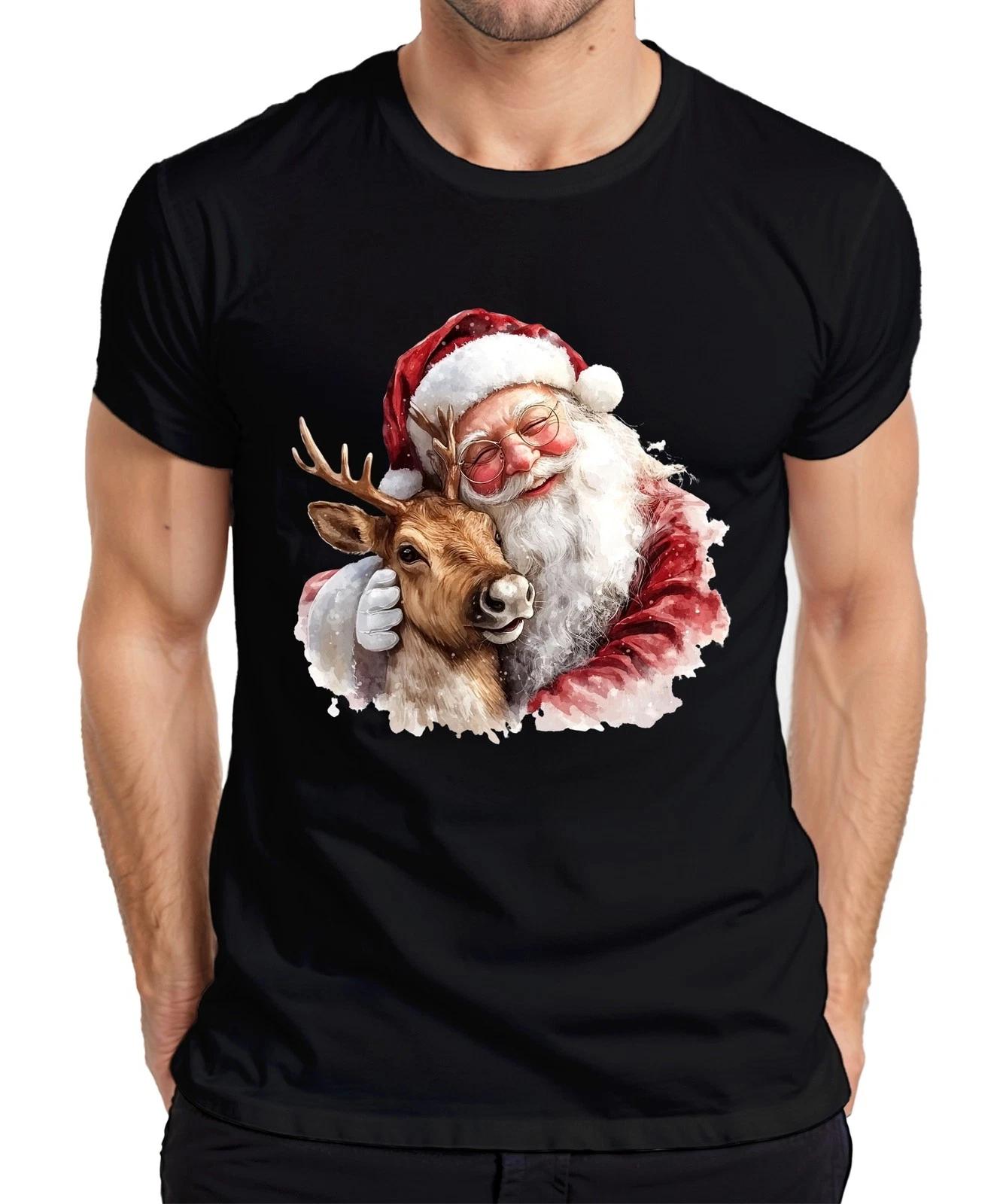 Weihnachtsmann mit Rentier Umarmung Weihnachten Aquarell Vintage Herren T-Shirt XL