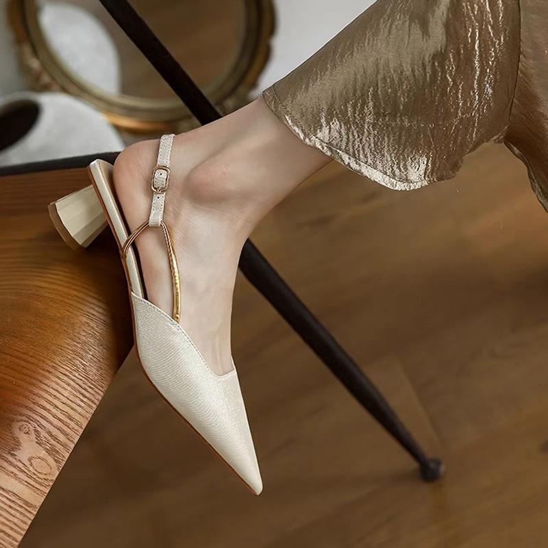 French Satin Style Sandals 2023 Spring Women New Pointed Mid Heel Design Luxury Versatile Single Shoes Zapatos De Mujer Trafza