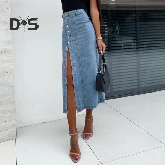 Women Denim Skirt High Waist Buttons Placket Solid Color Midi Skirt Irregular Slit Design Mid-calf Length Skirt
