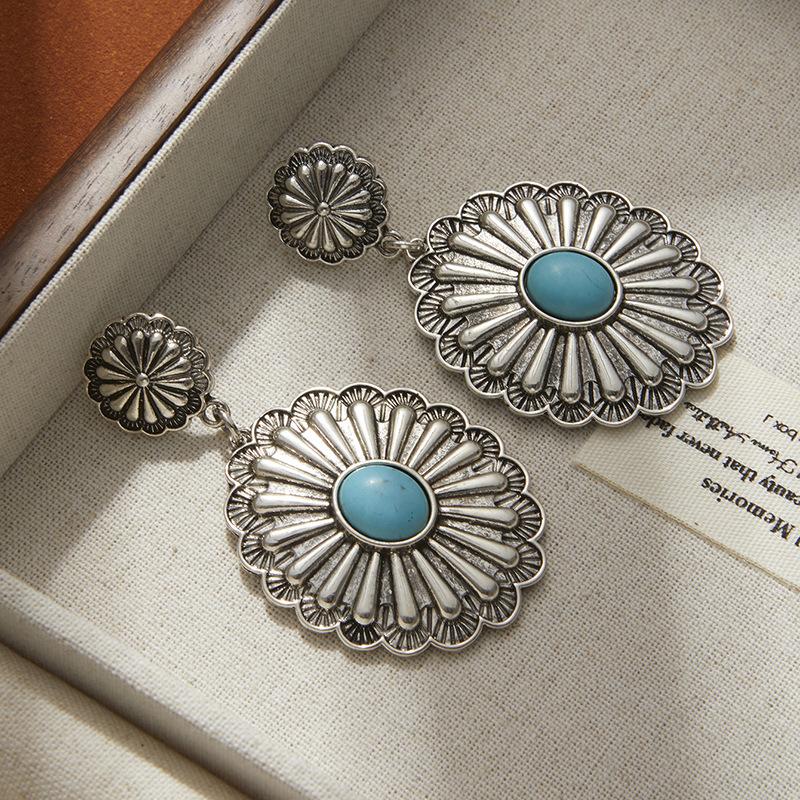 Винтажные Серьги-Подсолнухи в Этническом Стиле из Древнего Серебра, Высококачественные Тяжелые Серьги с Бирюзой, Богемные Серьги.