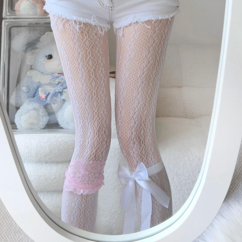 White lace calf socks summer thin lace bow stockings JK Lolita half socks