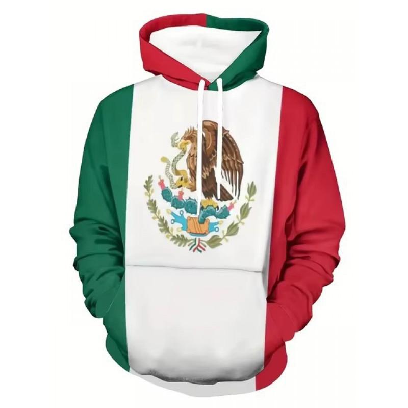 Unisex Hooded Sweatshirt With 3D Digital Print Mexican Flag Emblem Fleece-Lined Winter