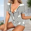 Women Plus Size Blue White Striped Printed V Neck Short Sleeve Button Front Fitted Romper Shorts