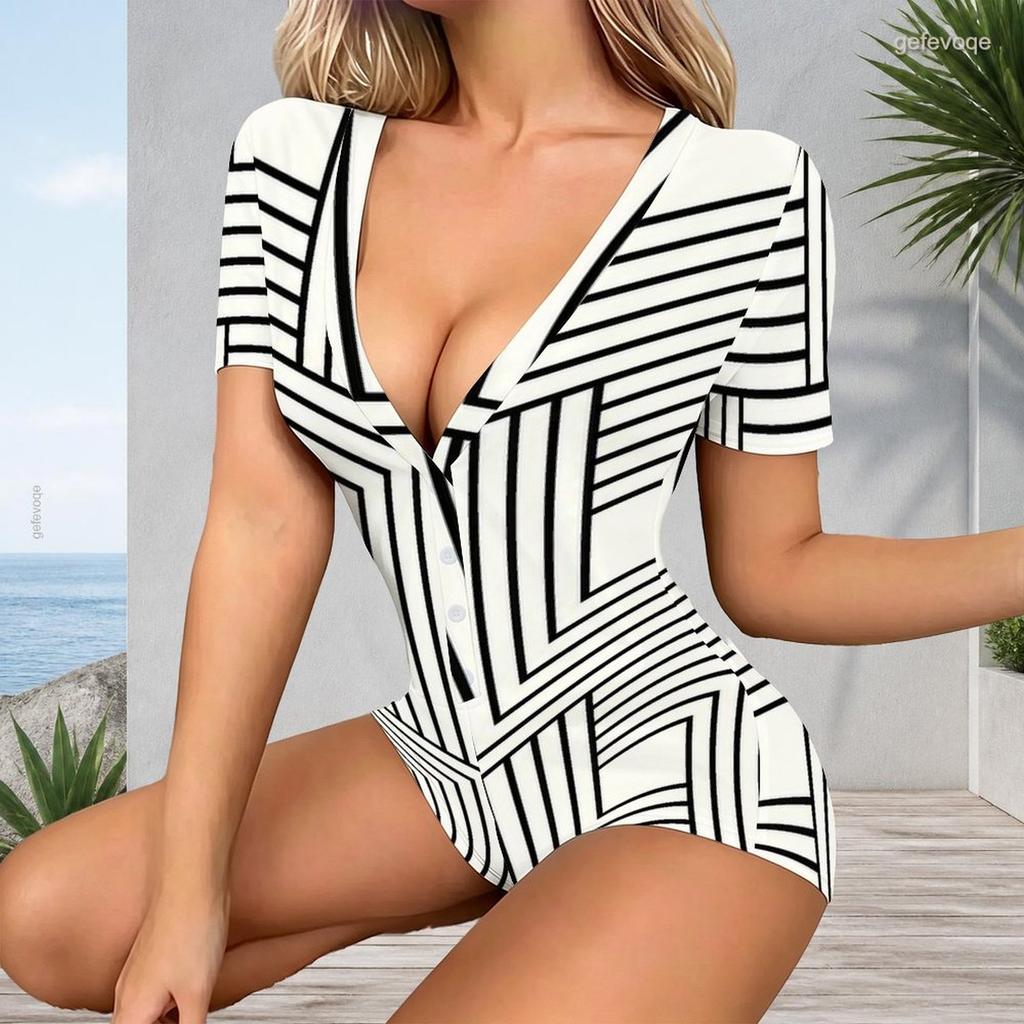 Women Plus Size Blue White Striped Printed V Neck Short Sleeve Button Front Fitted Romper Shorts