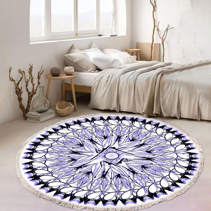 Nordic Cotton and Linen Home Leisure Non-slip Fringed Printed Round Carpet Living Room Floor Mat Bedroom Bedside Blanket