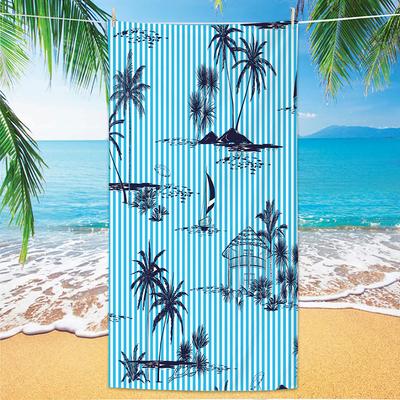 Light Blue White Vertical Stripe Island Palm Sailboat Beach Towel Quick Dry For Seaside Pool Weekend Camping Activity