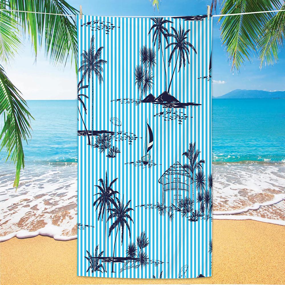Light Blue White Vertical Stripe Island Palm Sailboat Beach Towel Quick Dry For Seaside Pool Weekend Camping Activity