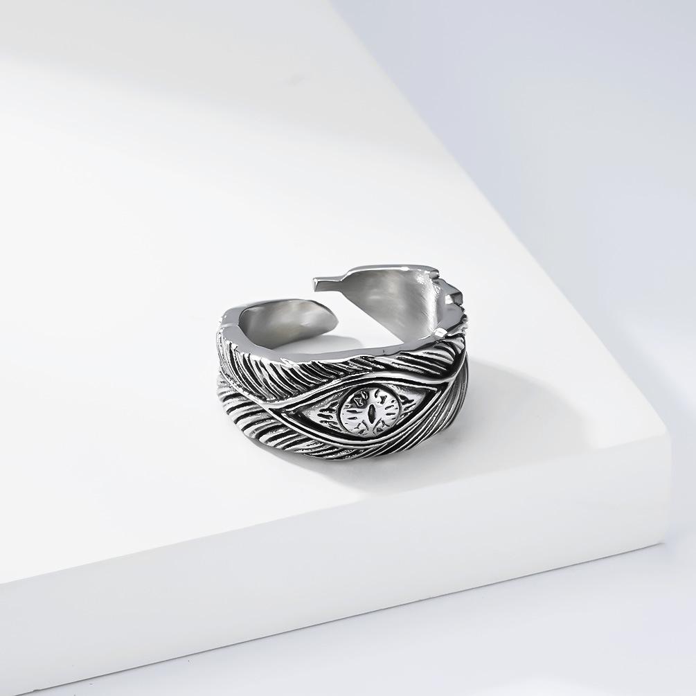 Vintage Feather Eye Open Ring, Adjustable Silver Color Titanium Steel Band, Retro Boho Totem Jewelry, Unisex Gothic Finger Ring for Men Women