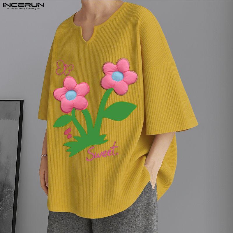INCERUN Oversized Men Round Neck Short Sleeve 3D Flower Print Stitching Casual Rib T-shirts Tops