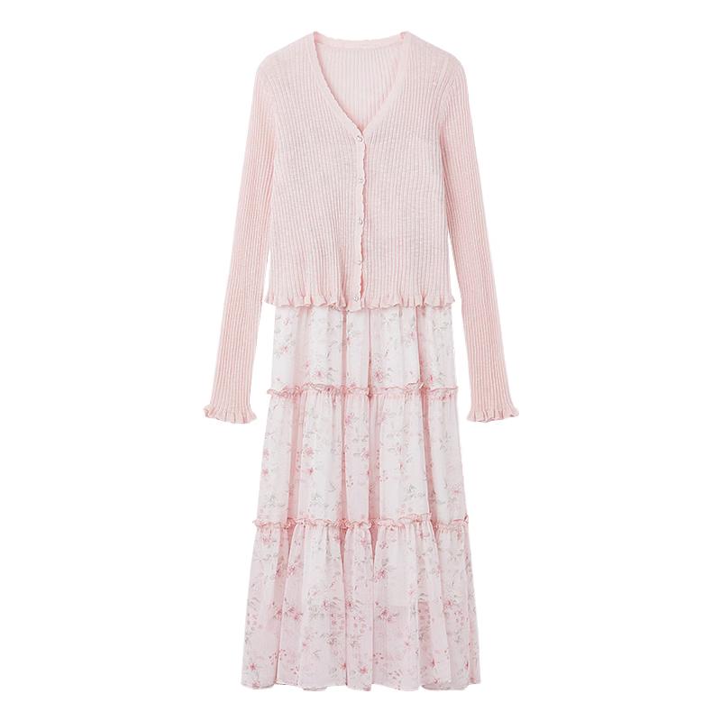 Autumn Water Yiren Elegant Ruffle Cardigan Sling Dress Set