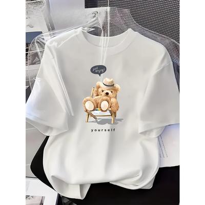 Europäische Größe Damen Niedliches Teddybär & "Du Selbst" Aufdruck T-Shirt - Y2K Weich Atmungsaktiv - Weiß Kurzarm Top, Oversized Lockerer Sitz Lässiges Sommer-T-Shirt