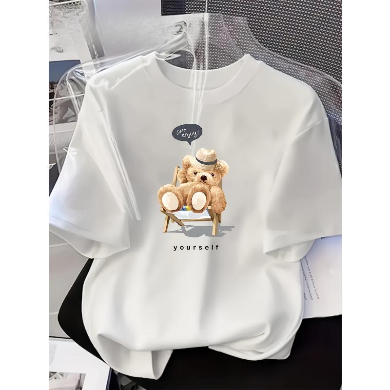 

European Size Women s Cute Teddy Bear& You Yourself Print T-Shirt-Y2K Soft Breathable -White Short Sleeve Top, Oversized Loose Fit Casual Summer Tee 4XL