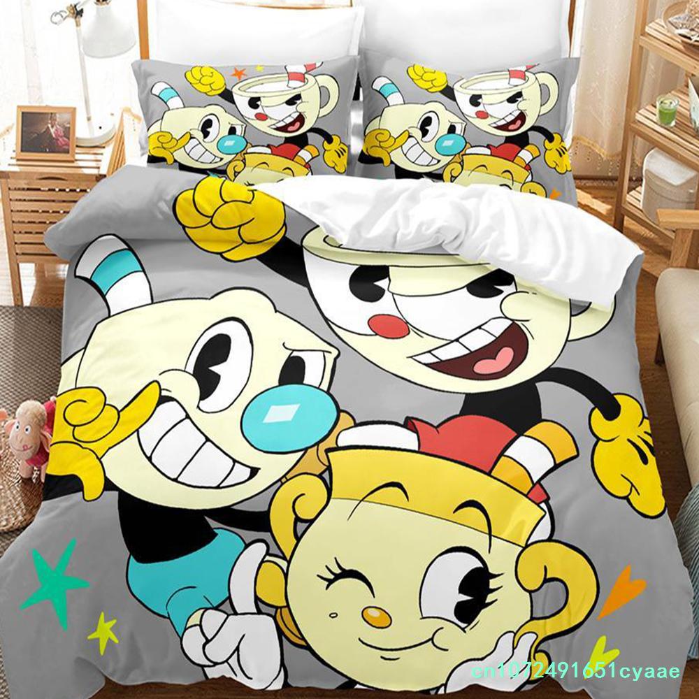 2023 Kawaii Cuphead Mugman Bettwäsche-Set Einzelbett Doppelbett Vollgröße Queen Size King Size Bettwäsche-Sets für Erwachsene Kinder Schlafzimmer Bettbezüge Anime Spiel Bett