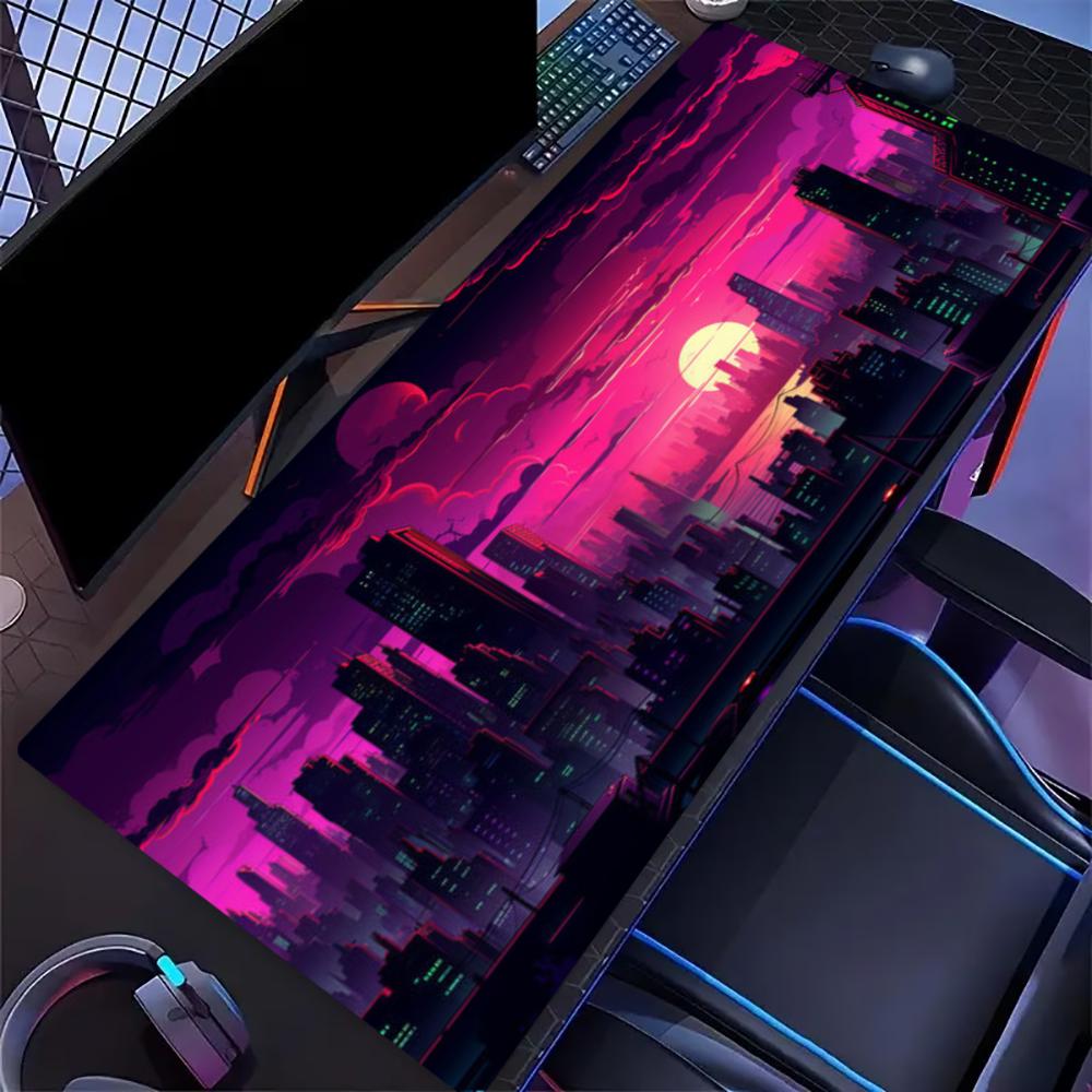 Large Gaming Mouse Pad Synthwave City Print Stitched Edges Non Slip Rubber Base For Gamer Laptop Office Workstation