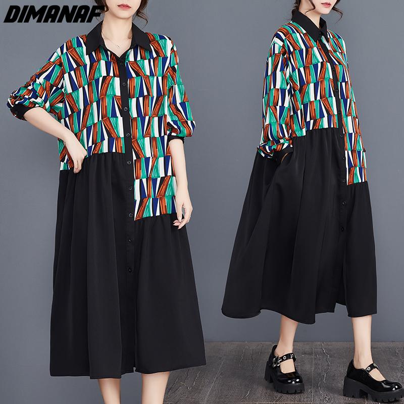 

DIMANAF 2024 женское платье больших размеров на весну и лето, свободное платье-рубашка на пуговицах, элегантное женское платье с длинными рукавами, черное платье с принтом One Size чёрный
