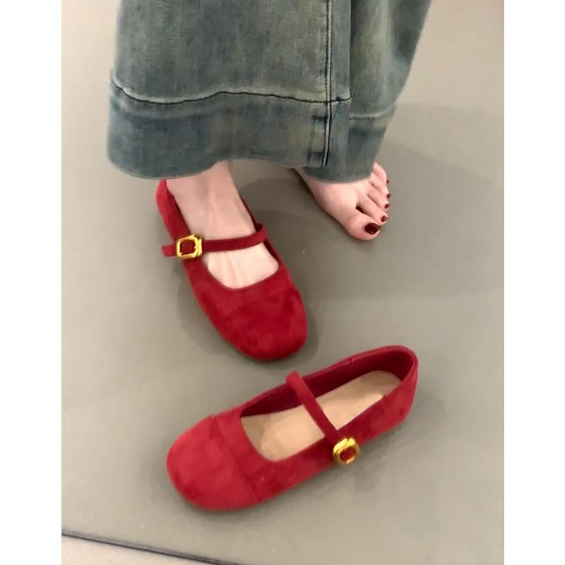 

Sheepskin version~ Genuine leather retro square head flat bottom Mary Jane shoes women s French gentle one-word buckle evening ballet shoes 39