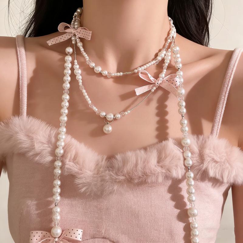 Elegant Multi Layered Pearl Ribbon Bow Layered Tassel Necklace Niche Sweet Drape Neck Chain Trendy Necklace Jewelry Accessories