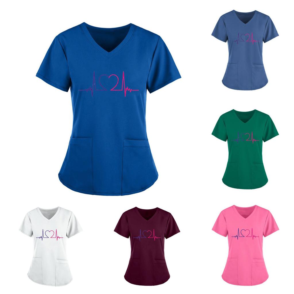 Women Short Sleeve V-neck Tops Working  Solid Color Pocket Blouse