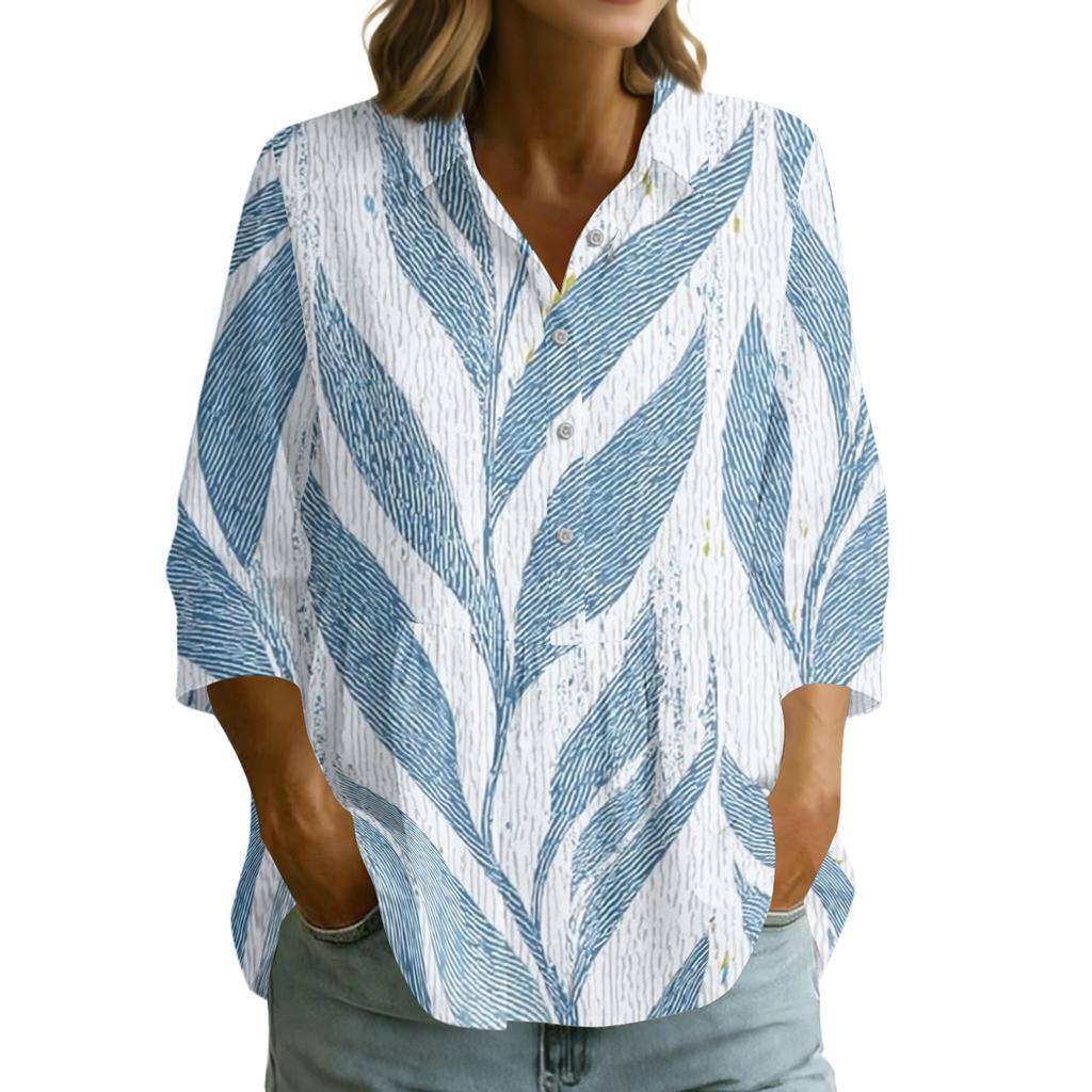 Women's Button Front Shirt Floral Print Three Quarter Sleeve Loose Fit Collar Blouse Casual Lightweight Top for Everyday Wear
