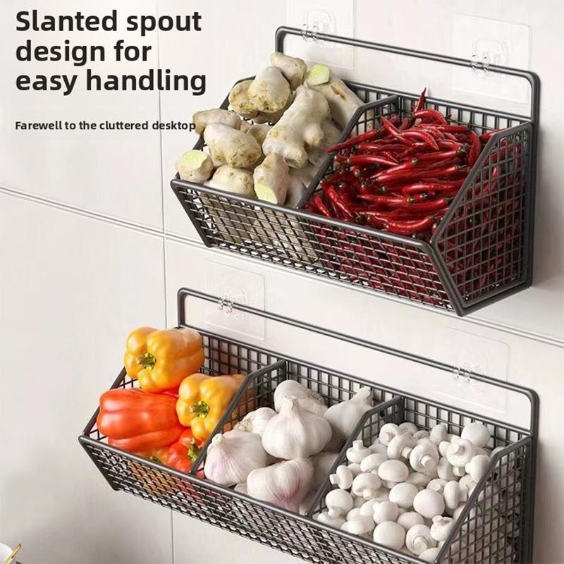Wall-Mounted Green Onion Ginger Garlic Storage Rack Punch-Free Kitchen Multi-Functional Basket Organizer for Spices And Herbs