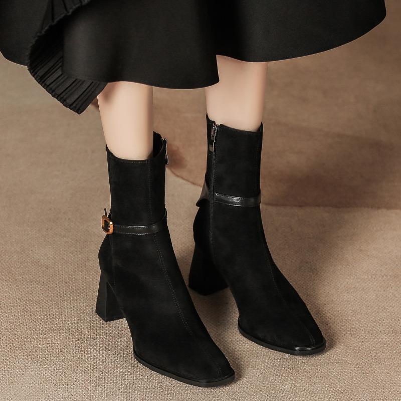 

Autumn and winter new suede short boots side zipper women s thick heel square head boots buckle retro thin women s boots Maillard brown 35 чёрный